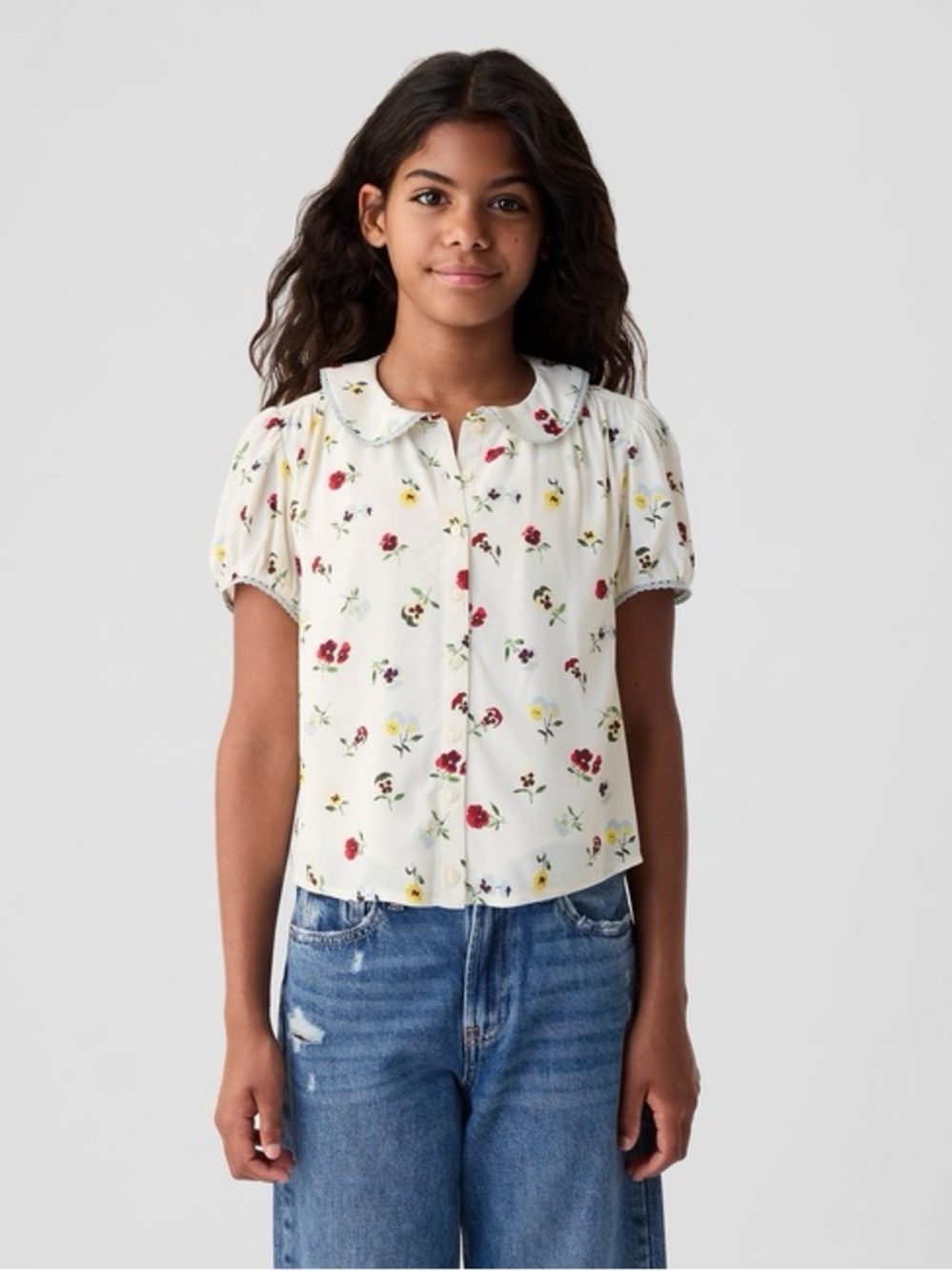 Gap x DÔEN Girls Floral Peter Pan Collar Blouse Ivory XS 4-5 Puff Sleeve